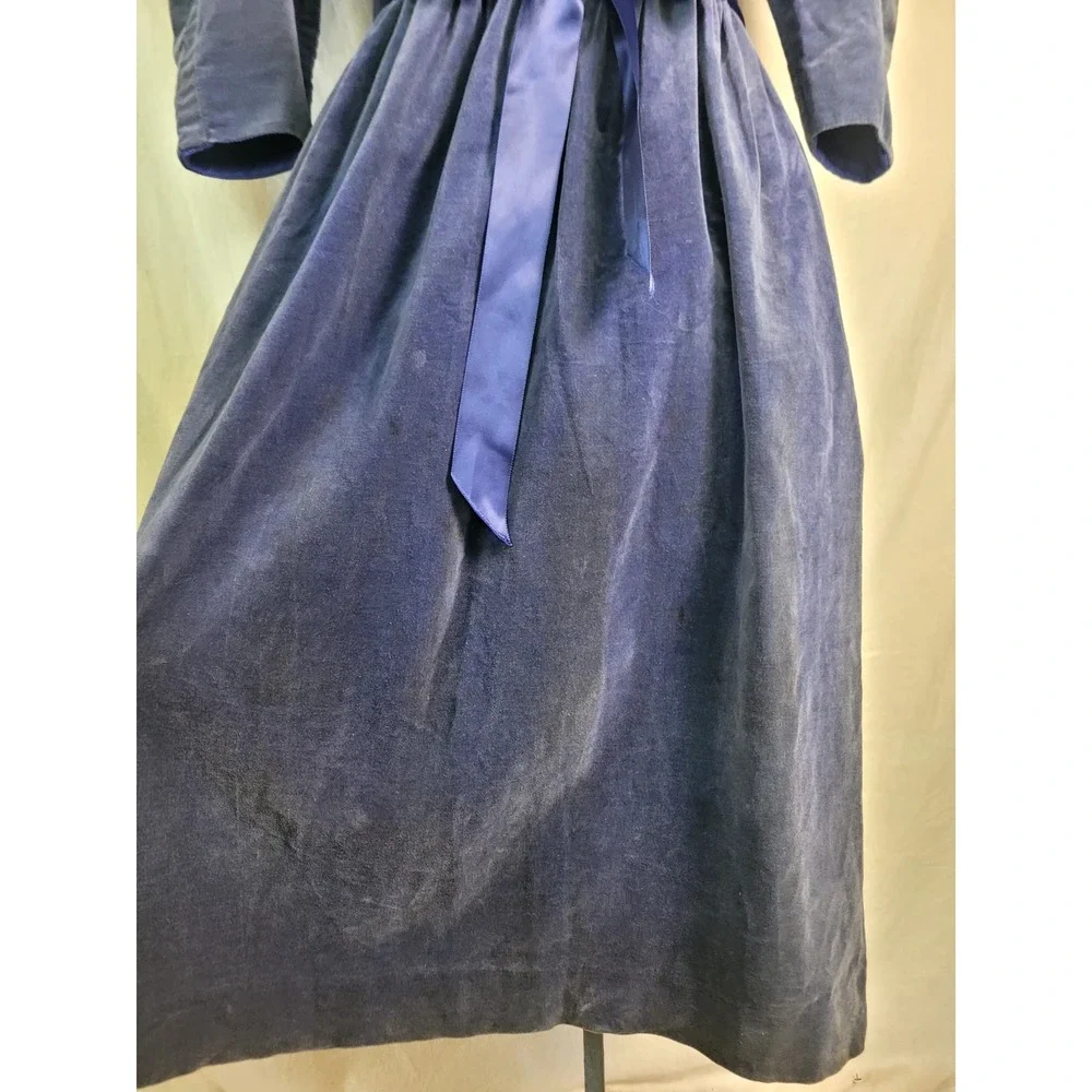 Vintage 40s‎ 50s Dusty Blue Velvet Midi Dress 3/4 Sleeve Ribbon Waist FLAW XS